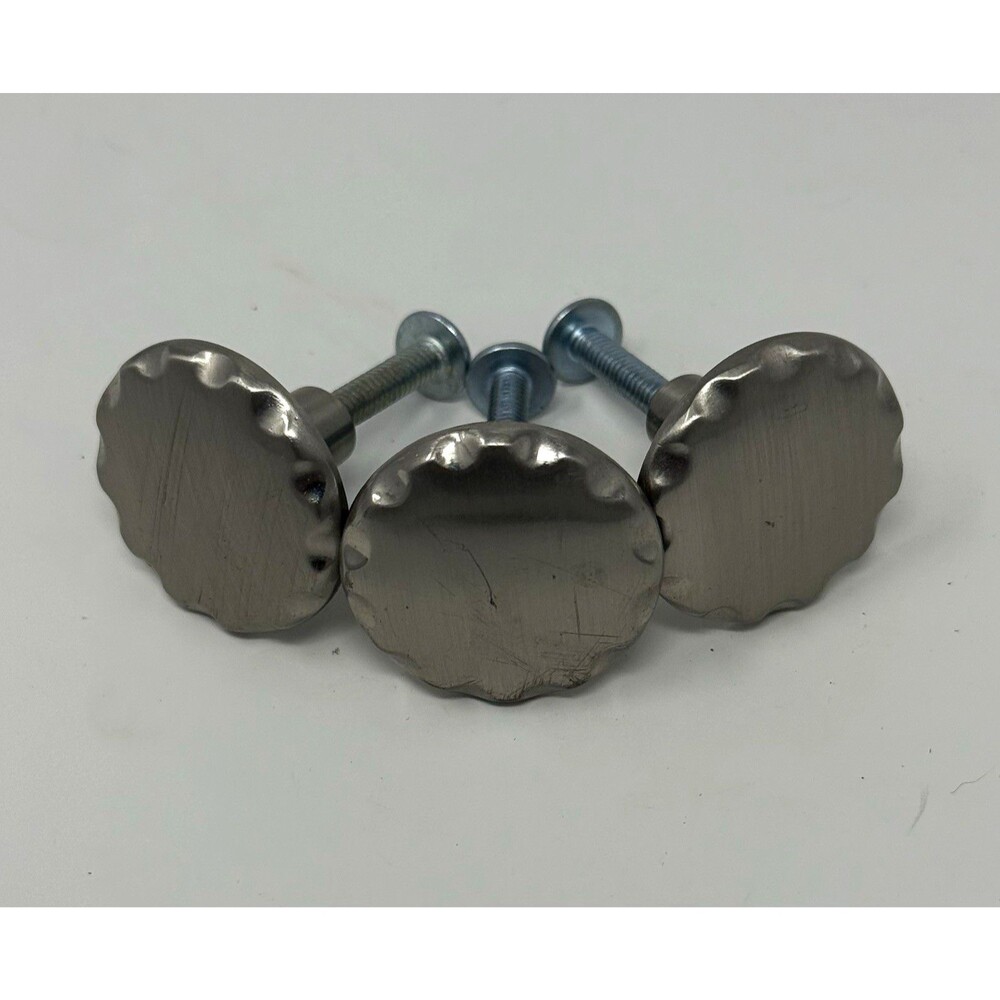 Set of 3 Satin Silver Round Scalloped Cabinet Knobs w/ Mounting Screws